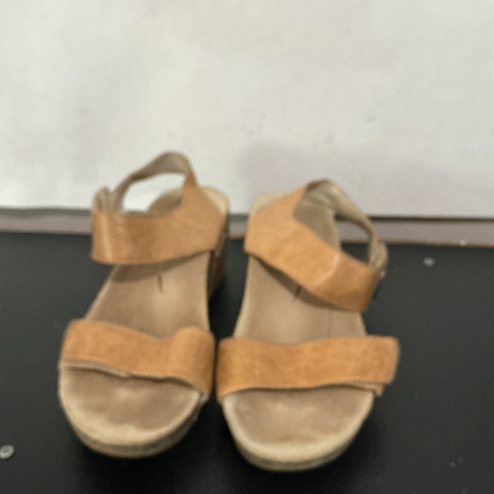 Abeo Una Women Sandal Tan Brown Leather Strappy Cork Wedge 8 N 9790